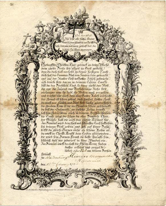 Hierthes ; Heinrika Margaretha Heydenreich lettre de baptême Getaufftes Chriften Kind! Wissembourg 1792 1988.52.41 Photo