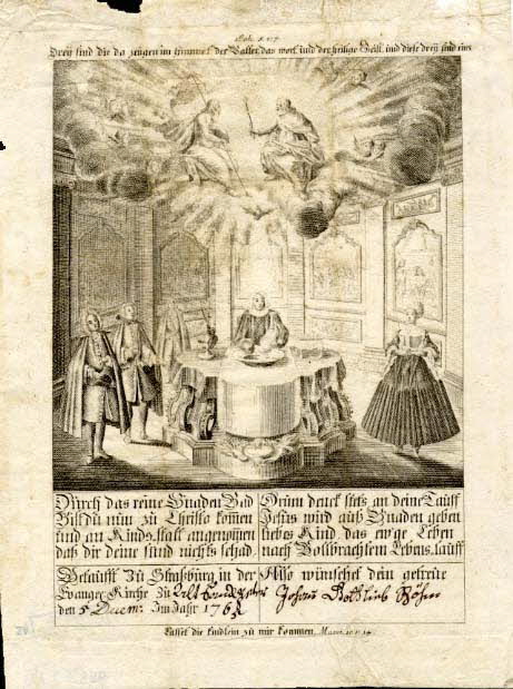 Weis ; Johann Gottlieb Böhm lettre de baptême Dreÿ find die da zeügen im himmel Alsace, France 1765 1988.52.45 Photo