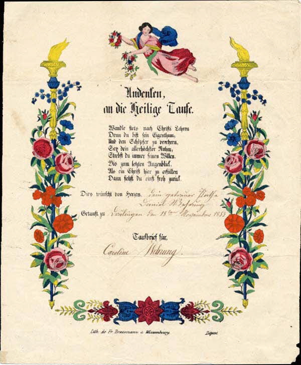 Brossmann ; Caroline Wehrung lettre de baptême Andenten  an die Heilige Taufe. Wissembourg 1855 1988.52.46 Photo