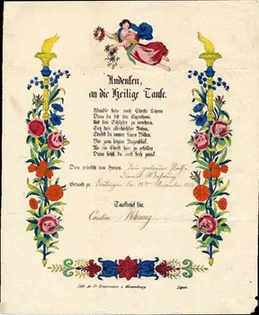 Brossmann ; Caroline Wehrung lettre de baptême Andenten  an die Heilige Taufe. Wissembourg 1855 1988.52.46  Photo