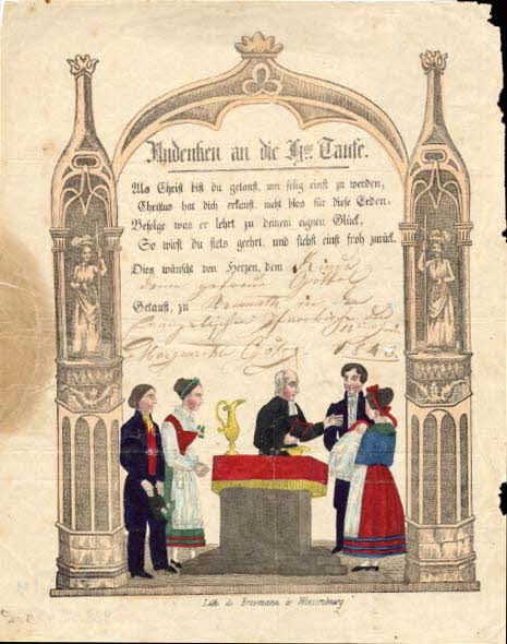 Brossmann ; Margarethe Götz lettre de baptême Andenken an die H.ge Taufe. Wissembourg 1848 1988.52.49 Photo