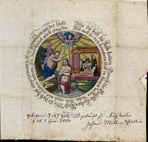 Johann Müller lettre de baptême Wie du bift zu Jefü komen Nuremberg 1823 1988.52.57 Photo