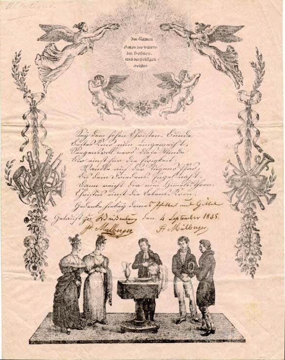 Mühlberger lettre de baptême Im Namen  Gottes, des Vaters  des Sohnes  und des heiligen  Geiftes Wissembourg 1835 1988.52.59 Photo