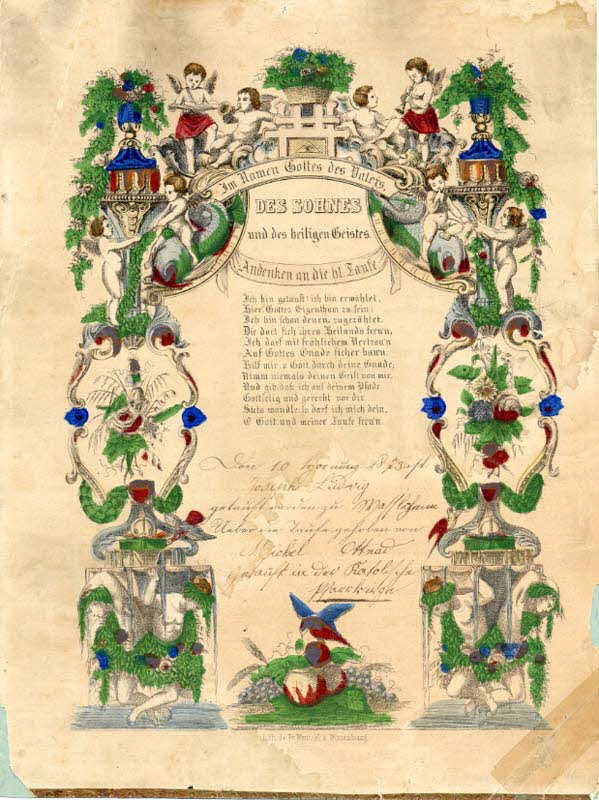 Jean-Frédéric Wentzel lettre de baptême DES SOHNES  und des heiligen Geistes Wissembourg 1873 1988.52.63 Photo