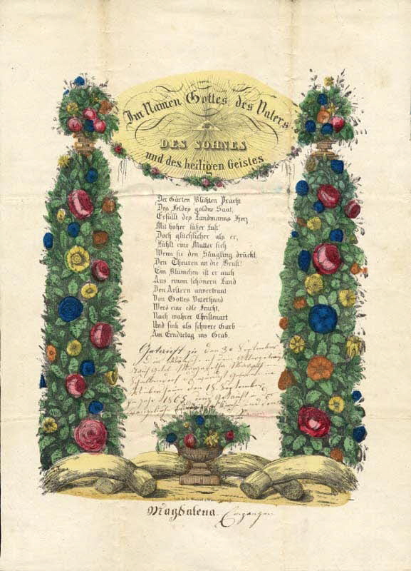 Jean-Frédéric Wentzel ; Margaretha Mazolf lettre de baptême Im Namen Gottes des Vaters  DES SOHNES  und des heiligen Geistes Wissembourg 1865 1988.52.65 Photo