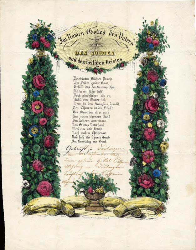 Jean-Frédéric Wentzel ; Catharina Mahrung lettre de baptême Im Namen Gottes des Vaters  DES SOHNES  und des heiligen Geistes Wissembourg 1849 1988.52.66 Photo