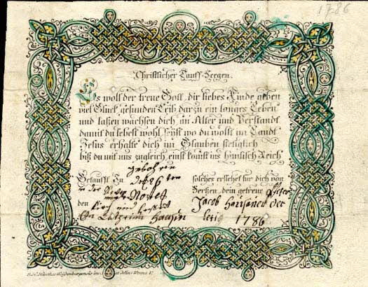 Hierthes ; Jacob Haufaner lettre de baptême Chriftlicher Tauff-Seegen. Wissembourg 1786 1988.52.69 Photo