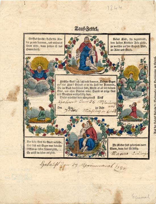 Pellerin ; Jacob Mächling lettre de baptême Tauf-Zettel Lorraine, France 1844 1988.52.100 Photo