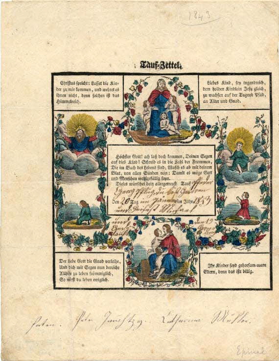 Pellerin ; Peter Jannchtzy ; Catharina Müller lettre de baptême Tauf-Zettel Lorraine, France 1843 1988.52.101 Photo