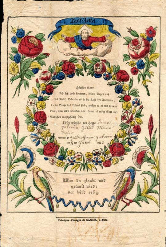 Charles Nicolas Gangel ; Maria Roser lettre de baptême Tauf-Zettel Metz 1862 1988.52.105 Photo