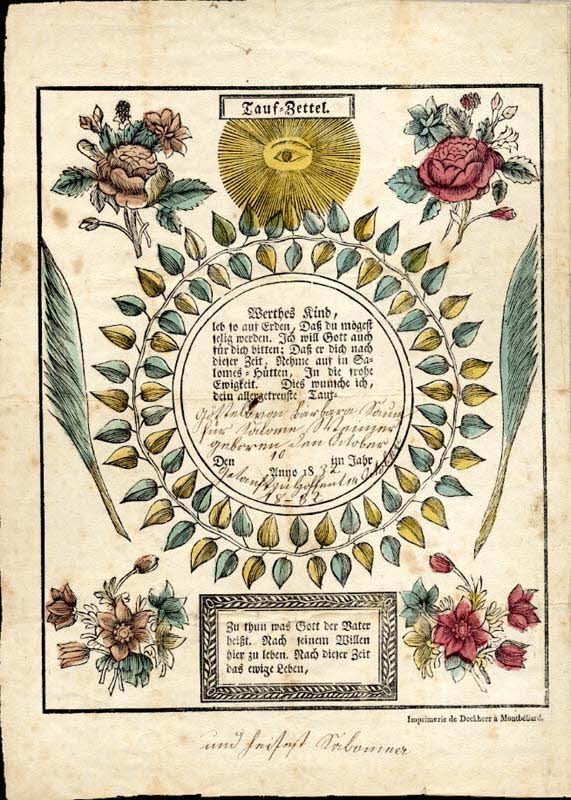 Deckherr Frères; ; Barbara Saum lettre de baptême Tauf-Zettel Montbéliard 1832 1988.52.106 Photo