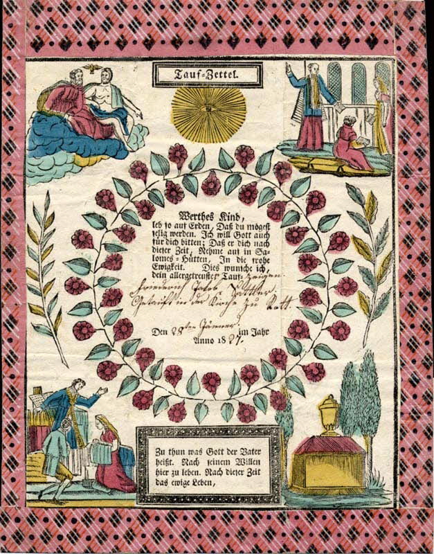 Friederich Jakob Sattler lettre de baptême Tauf-Zettel Rott 1827 1988.52.107 Photo