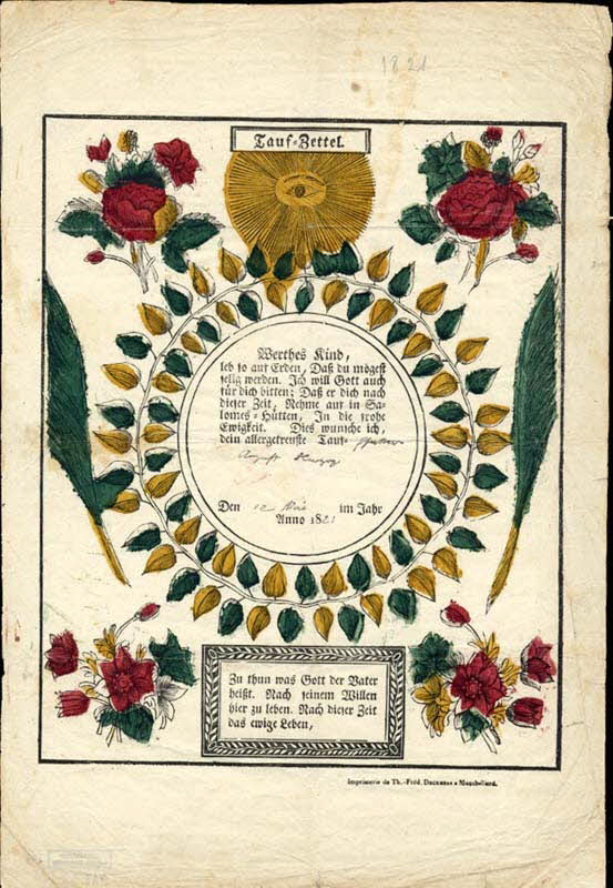 Deckherr Frères; ; August Herzog lettre de baptême Tauf-Zettel Montbéliard 1821 1988.52.109 Photo