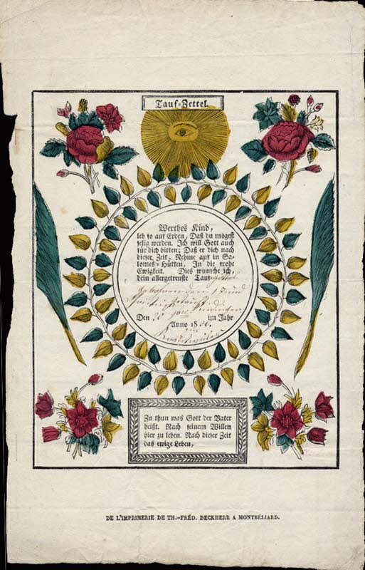 Deckherr Frères; ; Christina Riedinger lettre de baptême Tauf-Zettel Montbéliard 1836 1988.52.113 Photo