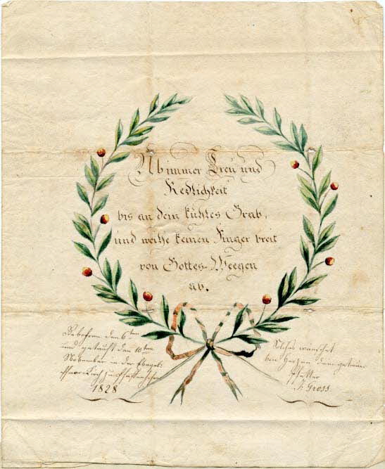 Johann Gross lettre de baptême Üb immer Treu und  Redlichkeit Pfaffenhoffen 1828 1988.52.116 Photo