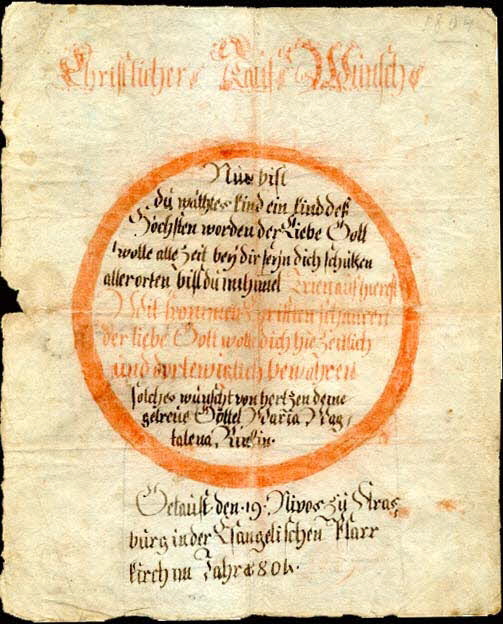 Maria Magtalena Rirlin lettre de baptême Christlicher Tauf-Wunsch Alsace, France 1804 1988.52.132 Photo