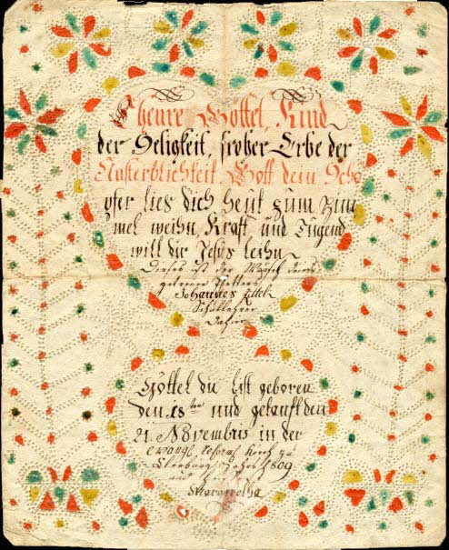 Johannes Zittel lettre de baptême Theure Göttel Cléebourg 1809 1988.52.133 Photo