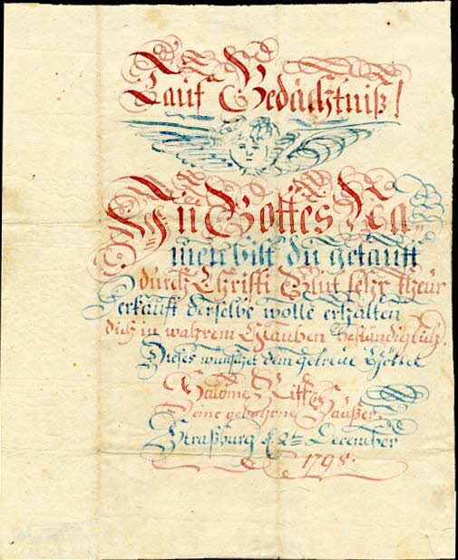 Salome Riff lettre de baptême Tauf Gedächtniß! Alsace, France 1798 1988.52.137 Photo