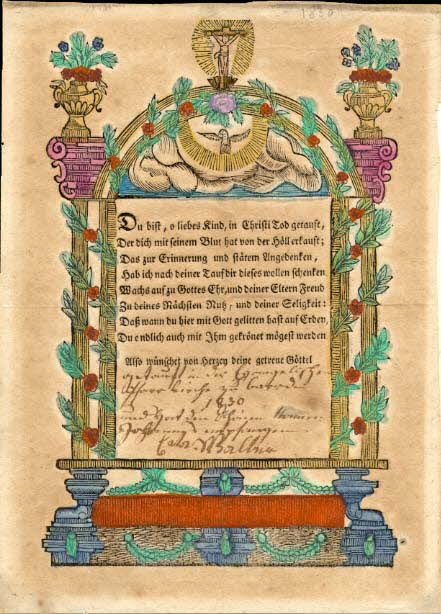 Cata. Walter lettre de baptême Du bist, o liebes Kind, in Christi Tod getauft 1830 1988.52.143 Photo