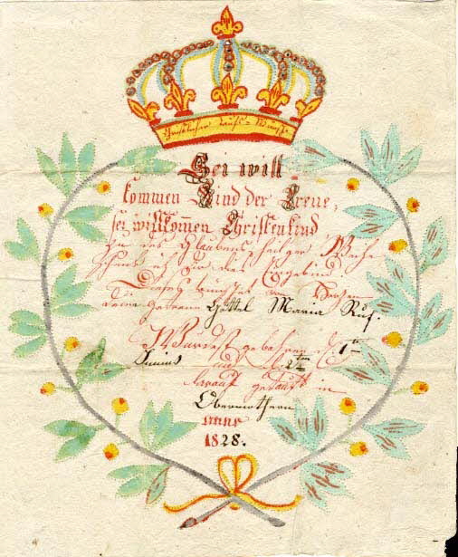 Maria Ruf lettre de baptême Christlicher Taufs=Wunsch Obermodern 1828 1988.52.145 Photo