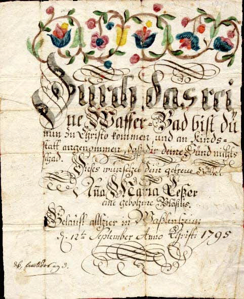 Anna Maria Leßer lettre de baptême Durch das rei  ne Wasser=Bad Wasselonne 1795 1988.52.147 Photo