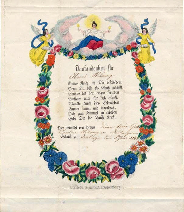 Brossmann ; Caroline Wehrung lettre de baptême Taufandenken für Wissembourg 1848 1988.52.154 Photo