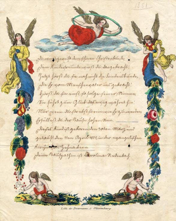 Brossmann ; Carolina Redenbach lettre de baptême Du wirst geweiht dem schönen Christenbunde Wissembourg 1851 1988.52.155 Photo