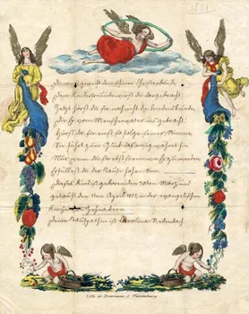 Brossmann ; Carolina Redenbach lettre de baptême Du wirst geweiht dem schönen Christenbunde Wissembourg 1851 1988.52.155  Photo