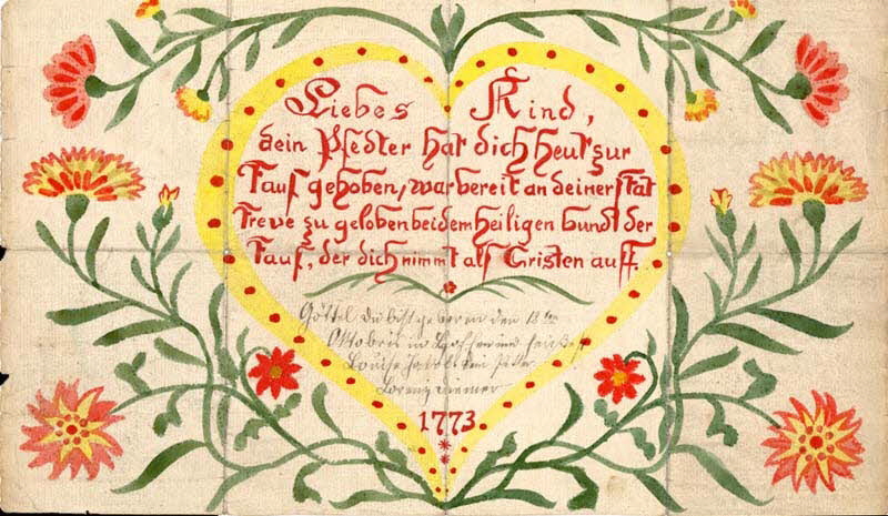 Lorenz Diemer lettre de baptême Liebes Kind Hoffen 1773 1988.52.158 Photo