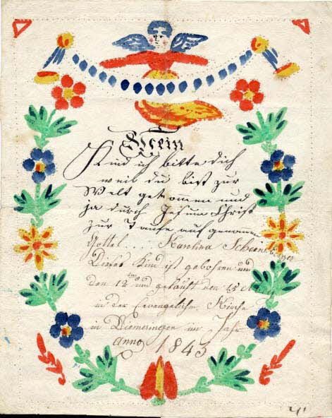 Karolina Schoeneberger lettre de baptême Mein Diemeringen 1843 1988.52.160 Photo