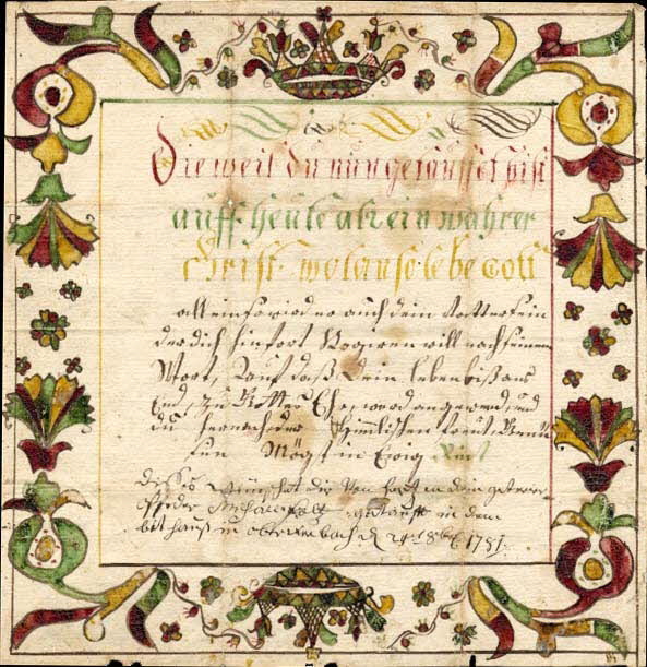 Michael Holtz lettre de baptême Dieweil du nun getauffet bist Oberseebach 1781 1988.52.168 Photo