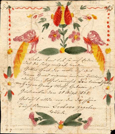 Georg Wolf lettre de baptême Liebes Kind Geiswiller 1835 1988.52.181 Photo
