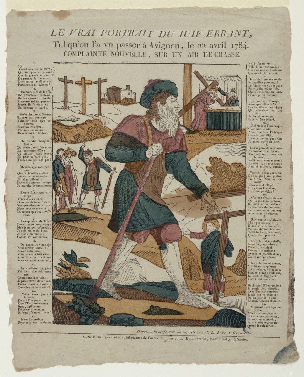 Pierre Vincent Roiné ; Philibert Roiné imagerie ancienne LE VRAI PORTRAIT DU JUIF ERRANT,  Tel qu'on l'a vu passer à Avignon, le 22 avril 1784.  COMPLAINTE NOUVELLE, SUR UN AIR DE CHASSE. Nantes 1823-1826 1985.1.1 Photo RMN-Grand Palais (Mucem)