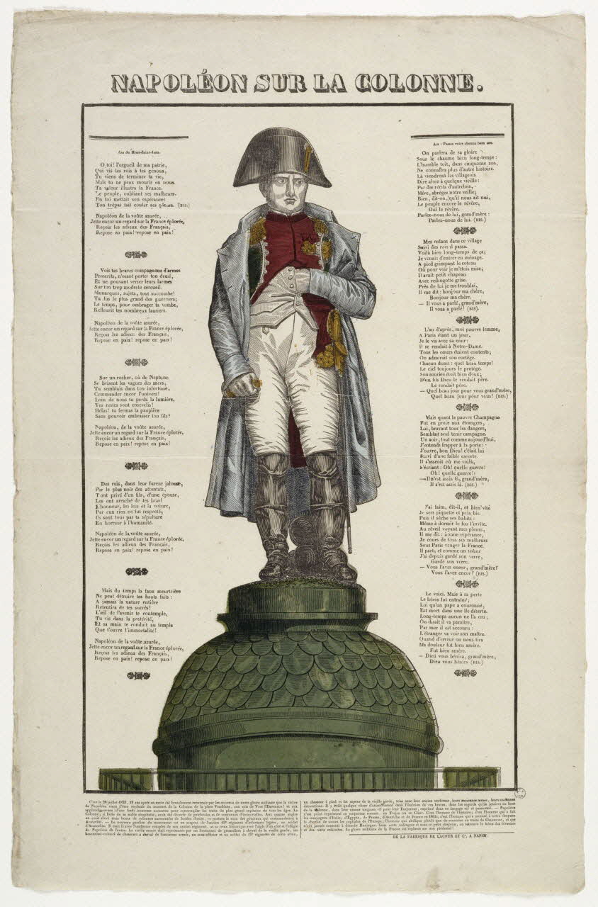 Jean-Baptiste Thiébault ; Lacour Jacques Stanislas Prosper Hubert (imprimeur, li imagerie ancienne NAPOLEON SUR LA COLONNE. Nancy 1833-1836 1965.75.776 Photo RMN-Grand Palais (Mucem)