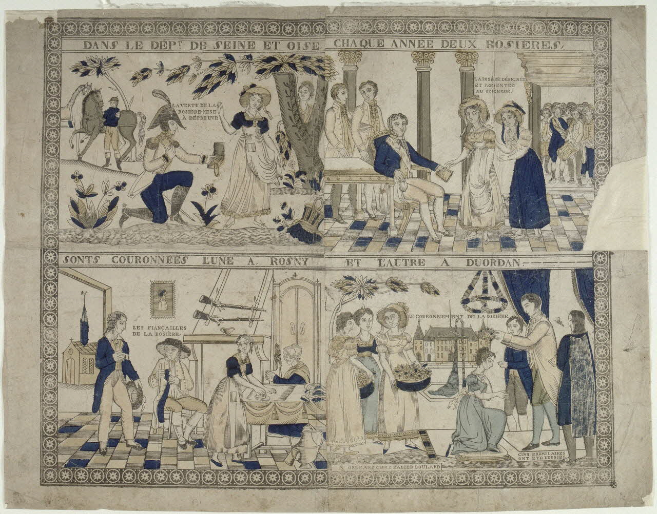 Michel Rabier-Boulard imagerie ancienne DANS LE DEPT DE SEINE ET OISE CHAQUE ANNEE DEUX ROSIERES  SONT COURONNEES L'UNE A ROSNY ET L'AUTRE A DOURDAN. Orléans 1813-1842 1951.30.28 Photo RMN-Grand Palais (Mucem)