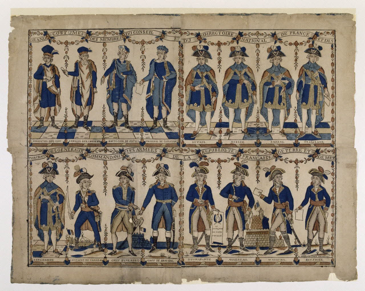 Jean-Baptiste Letourmy imagerie ancienne GRAND COSTUMES DES MEMBRES DU CONSEIL ET DU DIRECTOIRE NATIONAL DE FRANCE ET DES  PORTRAITS DES GENERAUX COMMANDANT LES ARMEES DE LA REPUBLIQUE FRANCAISE DE TERRE ET DE MER Orléans 1799-1800 1987.40.2 Photo RMN-Grand Palais (Mucem)