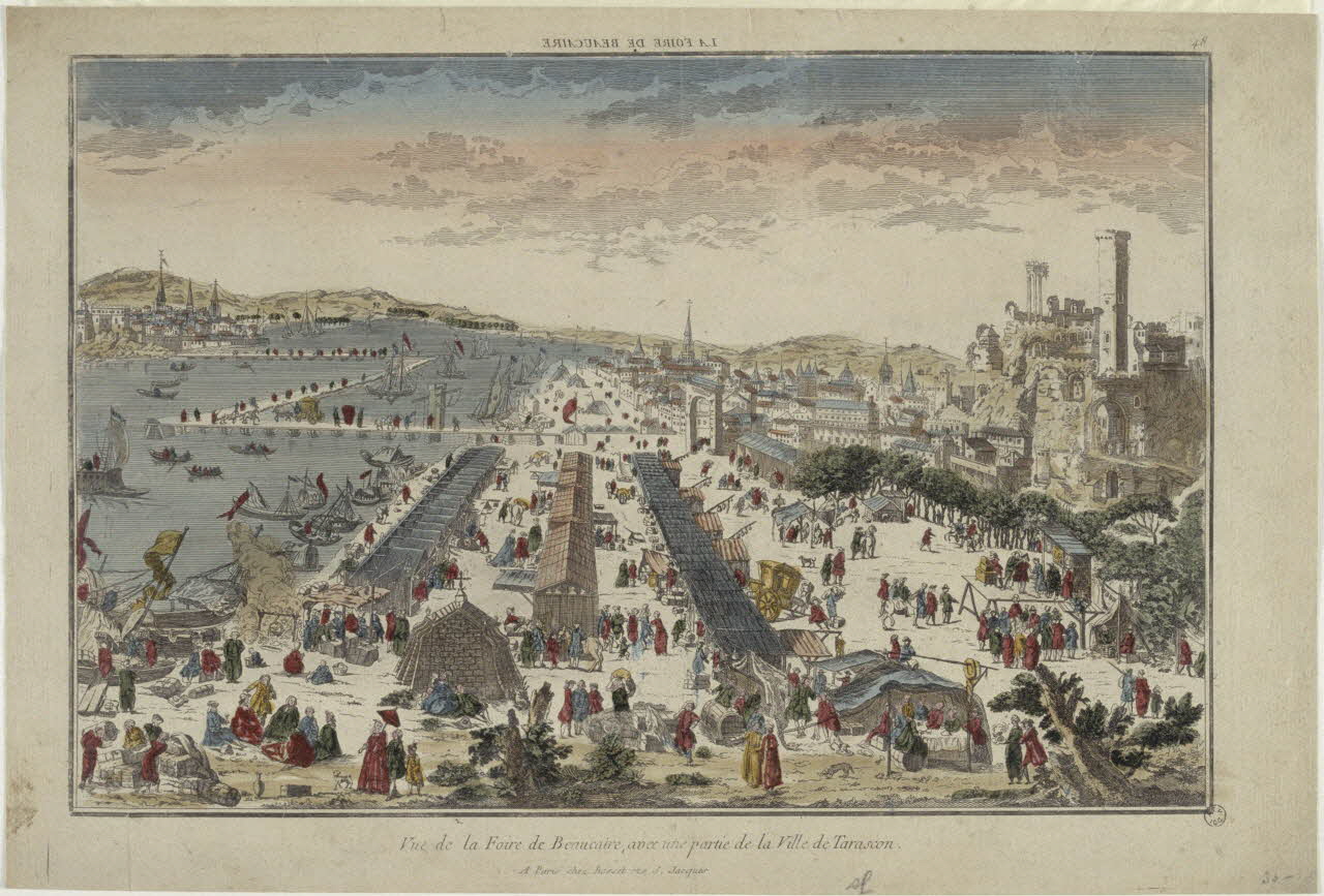 André Basset ; le Jeune (dit) imagerie ancienne LA FOIRE DE BEAUCAIRE (titre inscrit, en caractères inversés)  Vue de la Foire de Beaucaire, avec une partie de la Ville de Tarascon. Paris 1749 1963.21.1 Photo RMN-Grand Palais (Mucem)