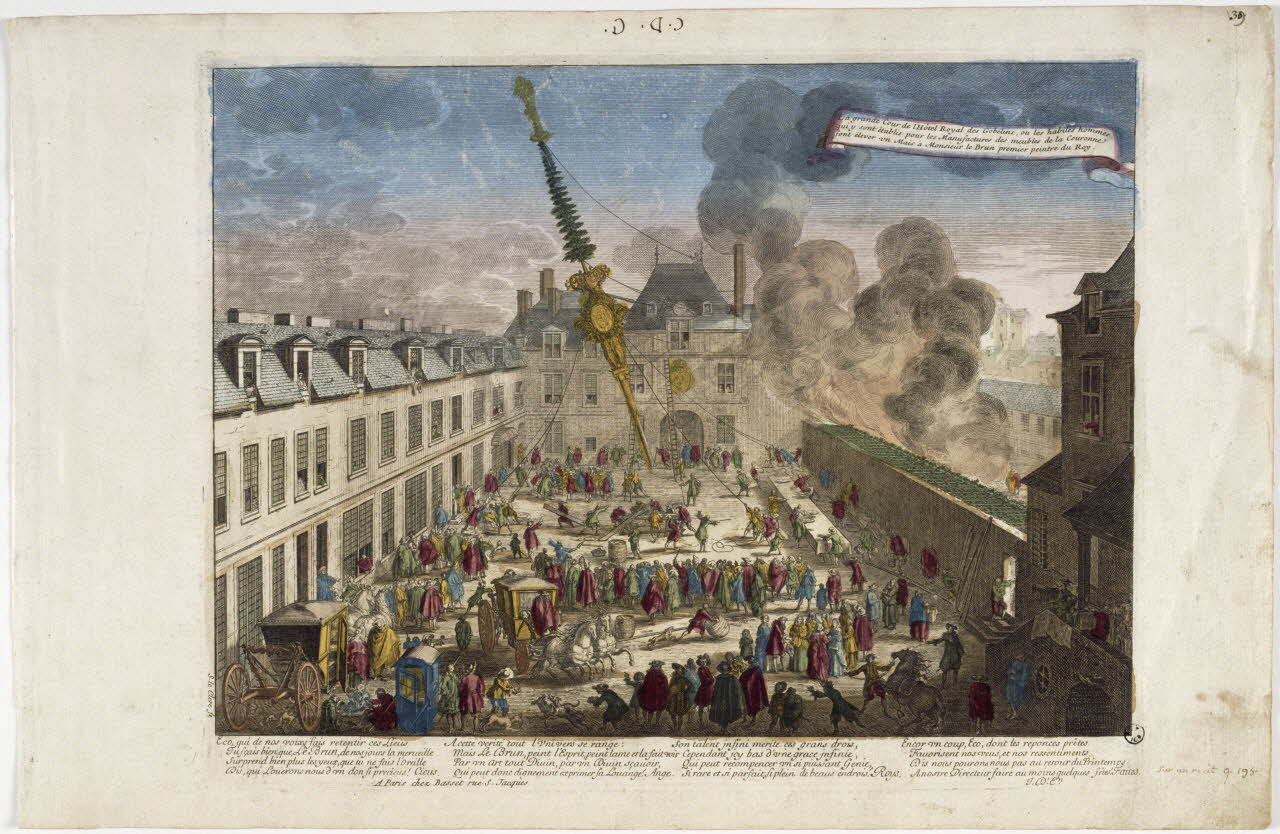 Le Clerc ; Basset. Paris imagerie ancienne La grande Cour de l'Hôtel Royal des Gobelins, ou les habiles hommes  qui y sont établis pour les Manufactures des meubles de la Couronne  font élever un Mais à Monsieur le Brun premier peintre du Roy. Ile-de-France, France 1749 1950.38.1 Photo RMN-Grand Palais (Mucem)