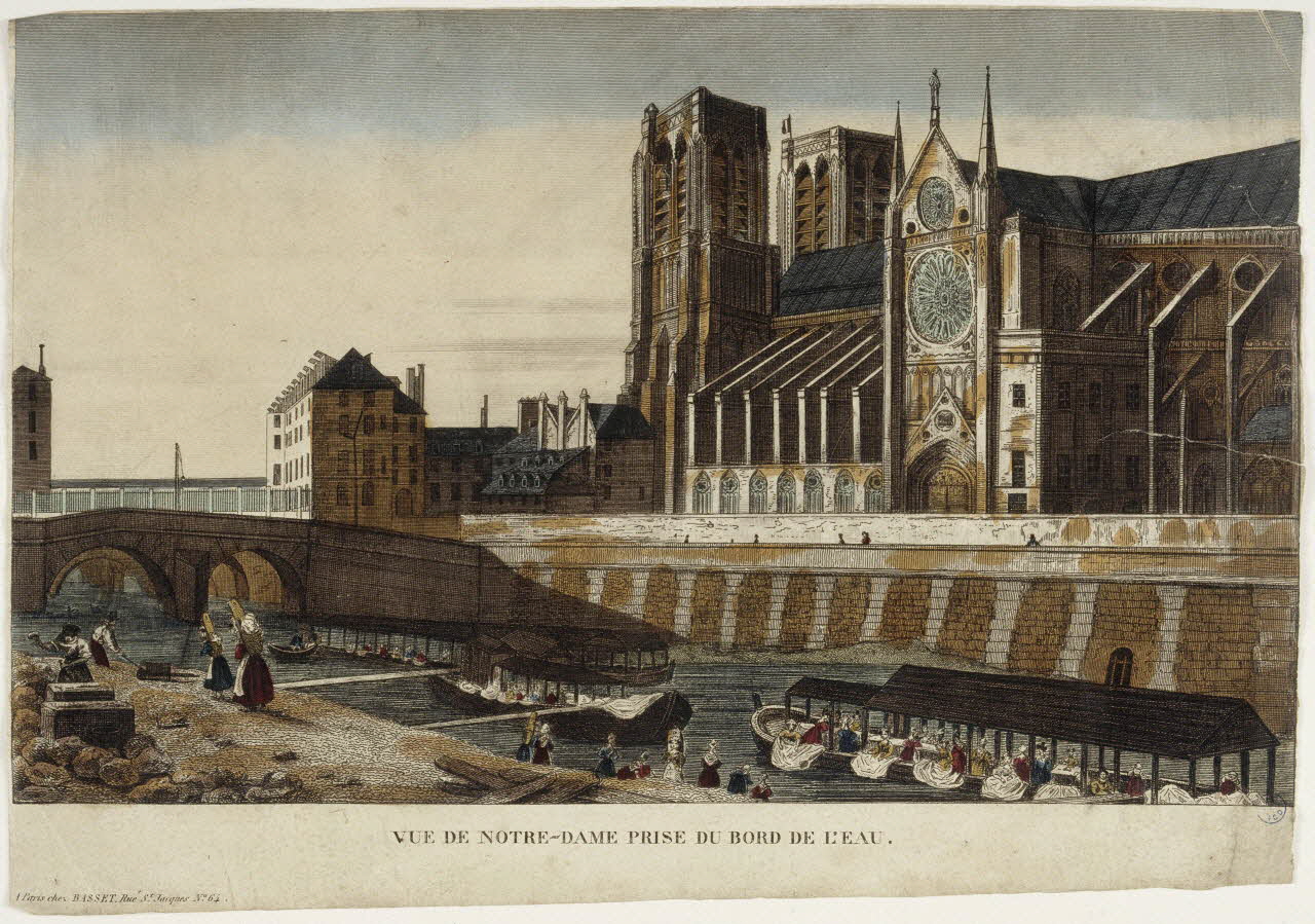 Basset. Paris imagerie ancienne VUE DE NOTRE-DAME PRISE DU BORD DE L'EAU. Paris 1830-1840 1955.158.2 Photo RMN-Grand Palais (Mucem)