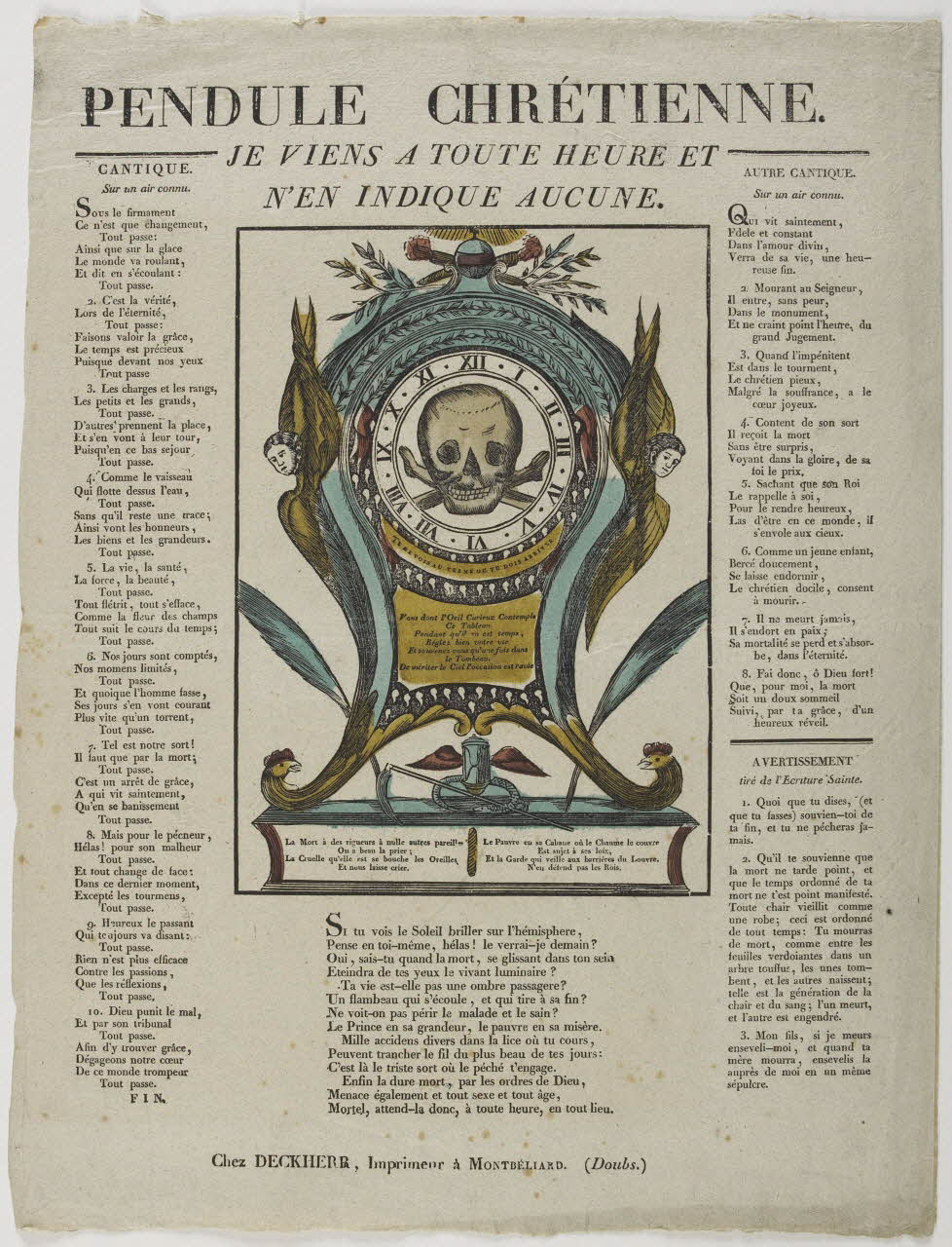 Deckherr Frères; imagerie ancienne PENDULE CHRETIENNE.  JE VIENS A TOUTE HEURE ET  N'EN INDIQUE AUCUNE Montbéliard 1815-1830 1951.42.12 Photo RMN-Grand Palais (Mucem)