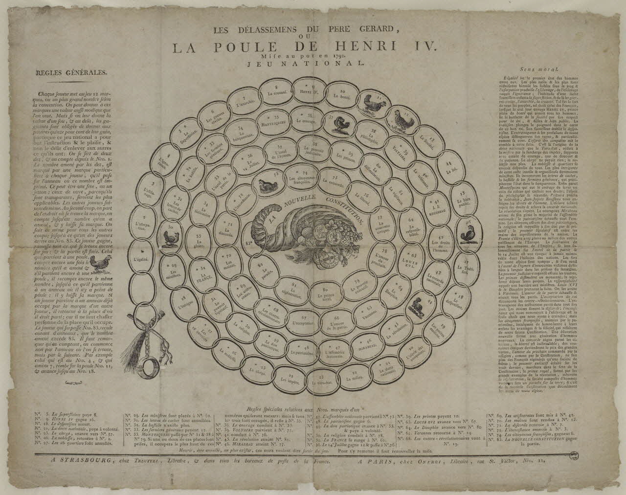imagerie ancienne LES DELASSEMENTS DU PERE GERARD,  OU  LA POULE DE HENRI IV.  MISE AU POT EN 1792.  JEU NATIONAL. Alsace, France 1792 1955.140.10 Photo RMN-Grand Palais (Mucem)