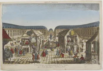 Huquier Jacques-Gabriel imagerie ancienne LA FOIRE ST OVIDE. (titre inscrit, en caractères inversés)  8e Vüe d'Optique nouvelle, représentant la Foire St. Ovide,  qui se tient dans la place Vendôme, a Paris. Paris 1758-1761 1965.118.15 Photo RMN-Grand Palais (Mucem)