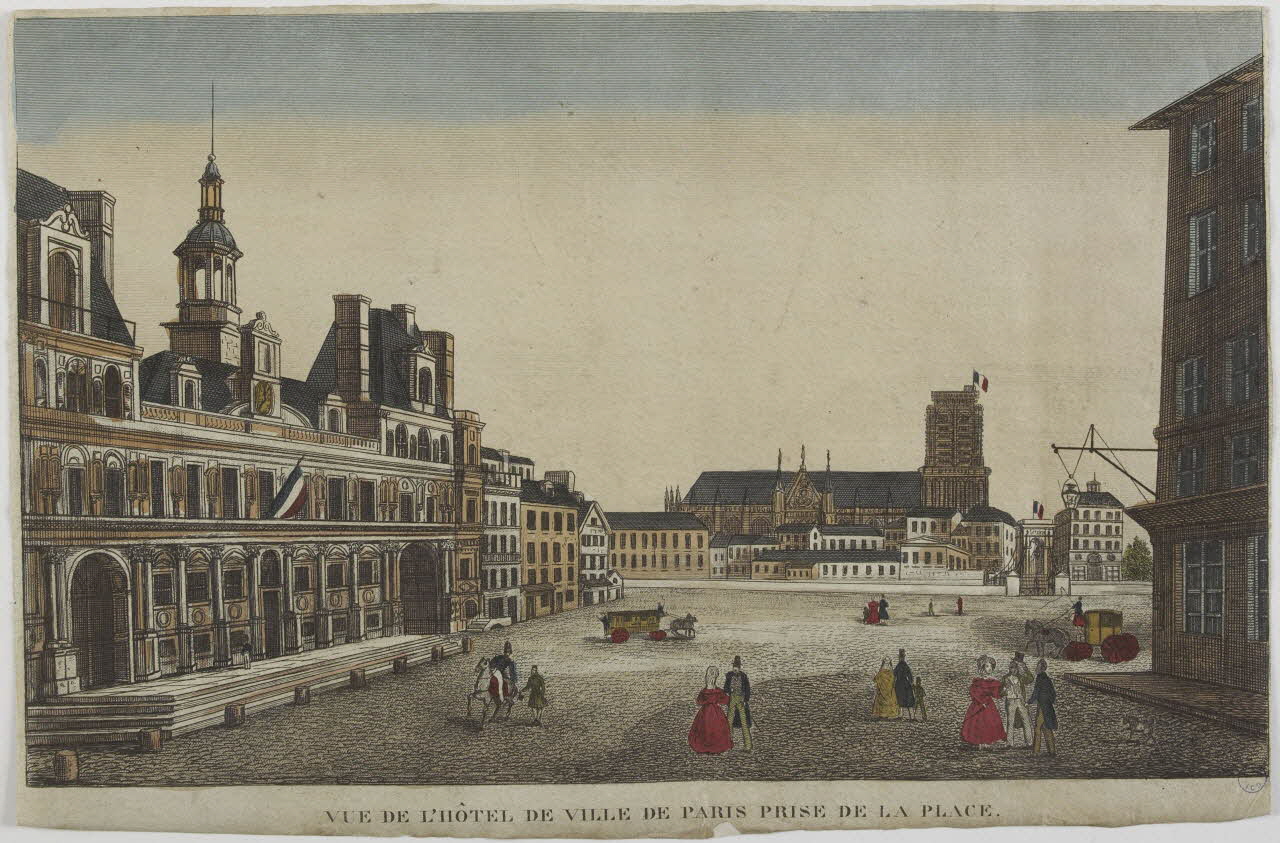 imagerie ancienne VUE DE L'HÔTEL DE VILLE DE PARIS PRISE DE LA PLACE. Paris 1828-1840 1955.158.8  Photo RMN-Grand Palais (Mucem)