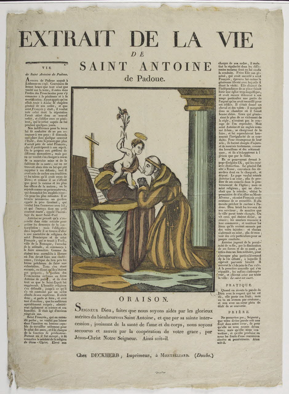 Deckherr Frères; imagerie ancienne EXTRAIT DE LA VIE  DE  SAINT ANTOINE  de Padoue. Montbéliard 1814-1837 1985.21.13 Photo RMN-Grand Palais (Mucem)