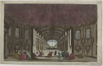imagerie ancienne VUE D'UNE BELLE GALLERIE CONDUISANT AUX JARDINS DE VAUX HALL (titre inscrit, en caractères inversés)  Vue intérieure d'une belle Gallerie conduisant aux Jardins de Vaux hall. Paris 1769 1981.21.3  Photo RMN-Grand Palais (Mucem)