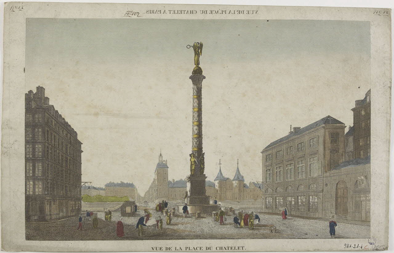 imagerie ancienne VUE DE LA PLACE DU CHATELET A PARIS. (titre inscrit, en caractères inversés)  VUE DE LA PLACE DU CHATELET. Paris 1810 1981.21.4 Photo RMN-Grand Palais (Mucem)