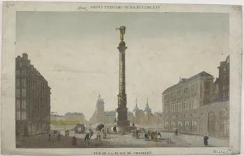 imagerie ancienne VUE DE LA PLACE DU CHATELET A PARIS. (titre inscrit, en caractères inversés)  VUE DE LA PLACE DU CHATELET. Paris 1810 1981.21.4 Photo RMN-Grand Palais (Mucem)
