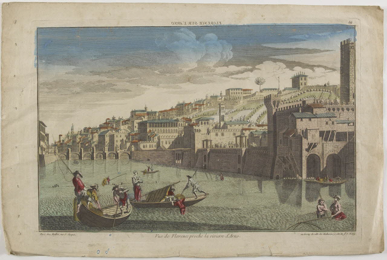 Maillet imagerie ancienne FLORENCE SUR L'ARNO (titre inscrit, en caractères inversés)  Vue de Florence proche la rivierre d'Arno. Paris 1744-1760 1982.3.166 Photo RMN-Grand Palais (Mucem)