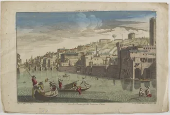 Maillet imagerie ancienne FLORENCE SUR L'ARNO (titre inscrit, en caractères inversés)  Vue de Florence proche la rivierre d'Arno. Paris 1744-1760 1982.3.166 Photo RMN-Grand Palais (Mucem)
