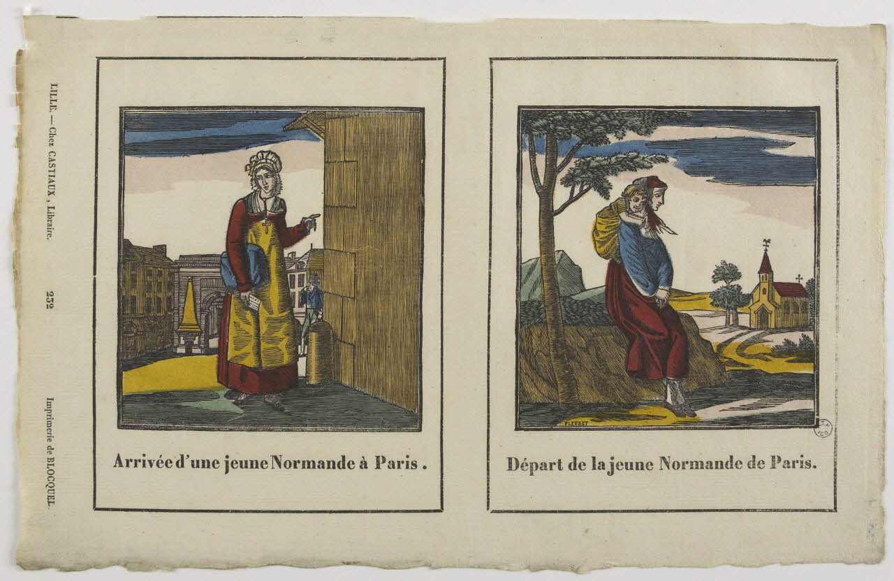imagerie ancienne Arrivée d'une jeune Normande à Paris. Chartres 1828-1837 1965.75.529 Photo RMN-Grand Palais (Mucem)